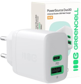 ŁADOWARKA SIECIOWA Greencell PowerSource Duo30 30W 1xUSB-C 1xUSB-A PD 3.0 QC 4.0+ biała GREEN CELL