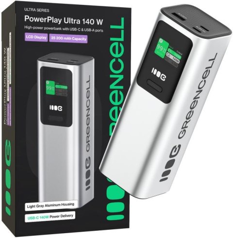 POWERBANK Greencell PowerPlay Ultra 25200mAh SZYBKIE ŁADOWANIE 140W 2x USB-C PD 1x USB-A GREEN CELL