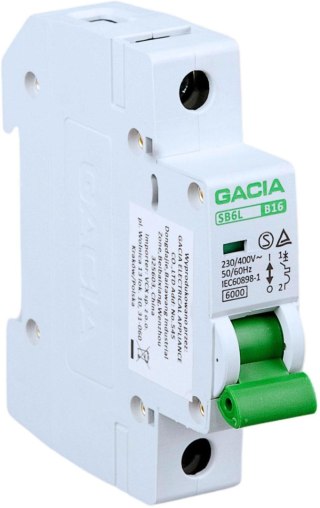 Wyłącznik nadmiarowoprądowy,6kA,B,1-pole,10A GACIA SB6L B 1P 10A GACIA
