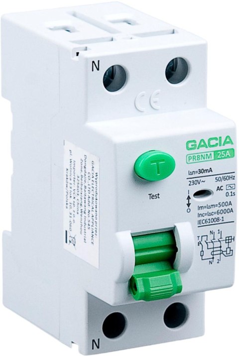 Wyłącznik różnicowoprądowy 6kA 2P 25A 30mA typ: AC GACIA PR8NM 2P 25A 30MA AC GACIA