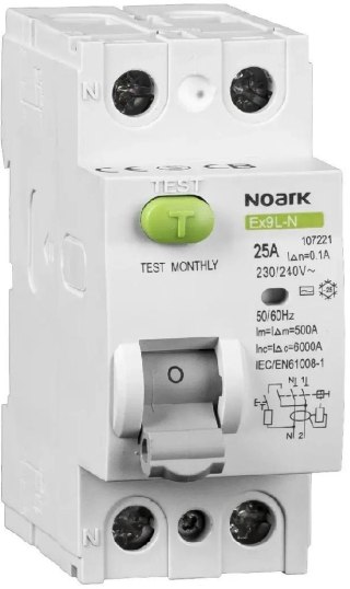 WYŁĄCZNIK RÓŻNICOWOPRĄDOWY, 6 KA, 40A, 30MA, 2P TYP AC EX9L-N Noark 108315 NOARK