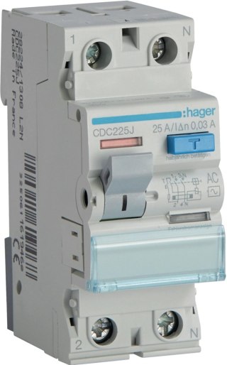 Wyłącznik różnicowoprądowy 1P+N 25A 30mA 6kA AC HAGER CDC225J HAGER