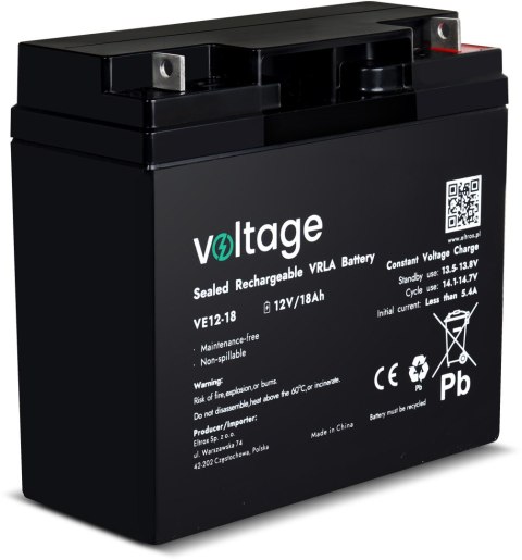 Akumulator AGM Voltage 12V 18Ah VE12-18 (Żywotność 6-9 lat) VOLTAGE