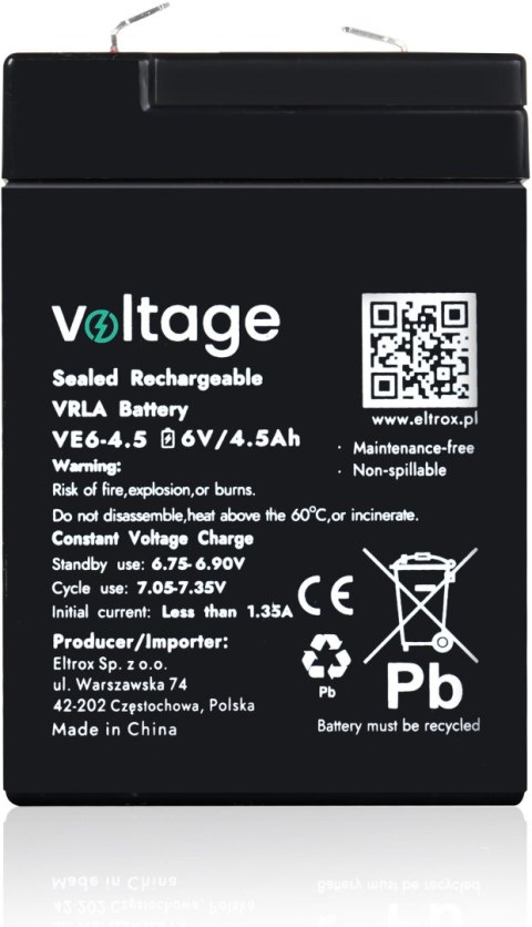 Akumulator AGM Voltage 6V 4,5Ah VE6-4.5 (Żywotność 6-9 lat) VOLTAGE
