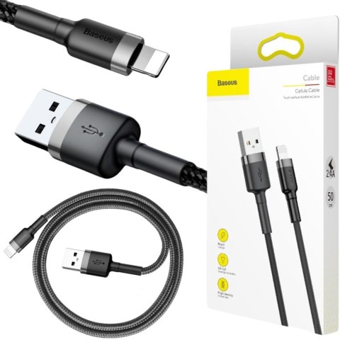 KABEL USB-A / Lightning iPhone Baseus Cafule CALKLF-AG1 50cm Apple 2.4A CZARNO-SZARY W OPLOCIE BASEUS