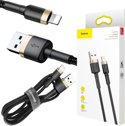 KABEL USB-A / Lightning iPhone Baseus Cafule CALKLF-BV1 100cm Apple 2.4A CZARNO-ZŁOTY W OPLOCIE BASEUS