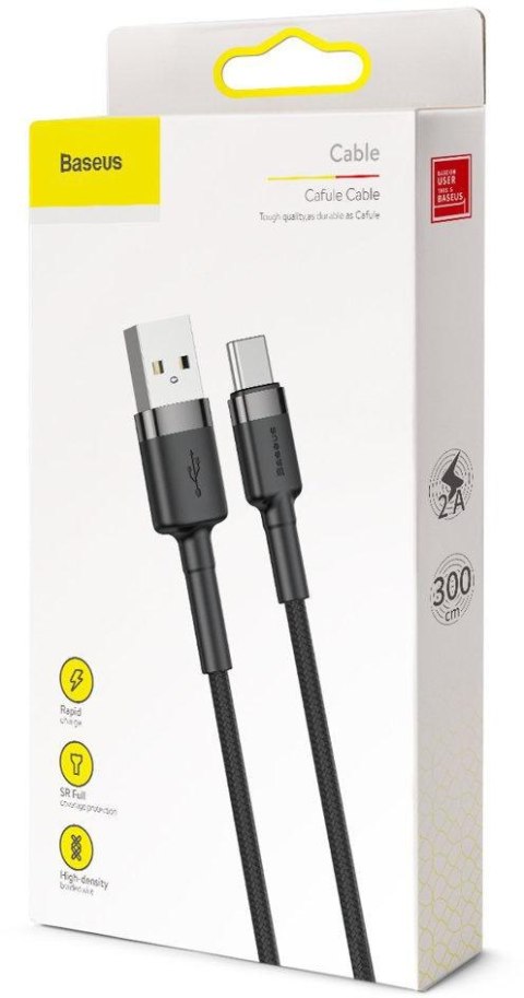 KABEL USB-A / USB-C Baseus Cafule CATKLF-UG1 300cm 2A QC 3.0 CZARNO-SZARY W NYLONOWYM OPLOCIE BASEUS
