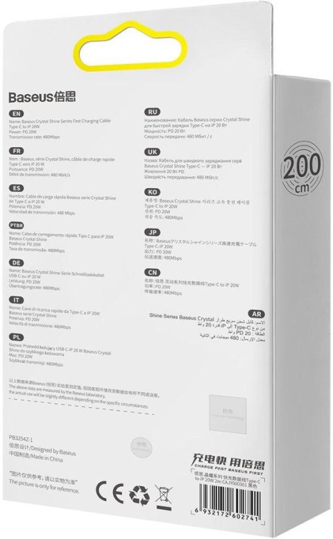 KABEL USB-C / Lightning iPhone Baseus Crystal CAJY000301 2m 20W PD QC CZARNY W OPLOCIE PREMIUM BASEUS