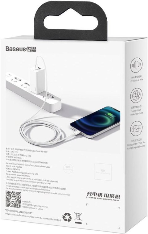 KABEL USB-C / Lightning iPhone Baseus Superior CATLYS-A02 1m 20W PD Quick Charging BIAŁY PREMIUM BASEUS