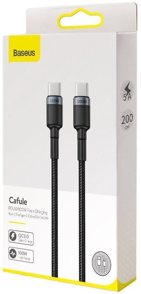 KABEL USB-C / USB-C Baseus Cafule CATKLF-ALG1 200cm 100W 5A PD 2.0 QC 3.0 CZARNO-SZARY W OPLOCIE BASEUS