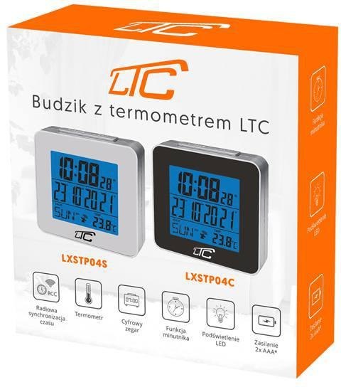 Budzik z termometrem LTC, sterowany radiowo, srebrny LXSTP04S LTC